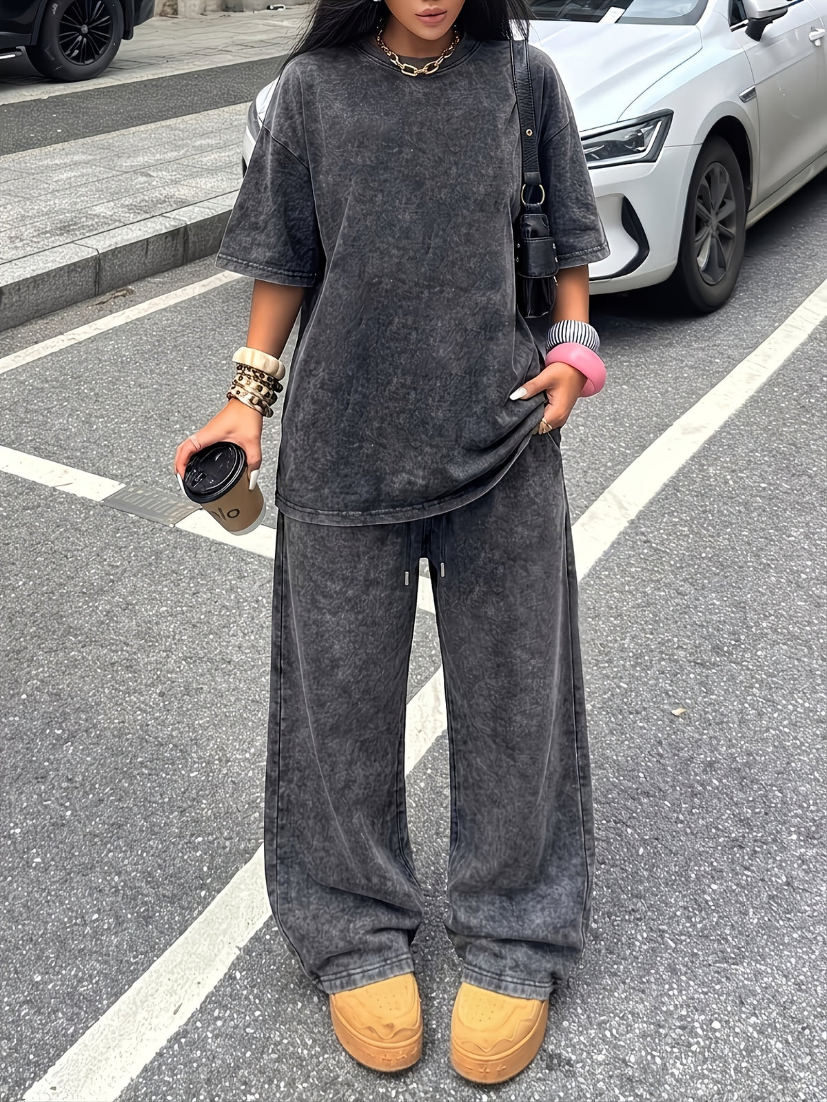 Women'S Vintage Distressed Washed 2pcs Set, Loose Distressed T-Shirt And Wide-Leg Pants Outfit, Y2K Street Style Casual Home Wear, Comfortable Casual Athletic Suit - Black+black