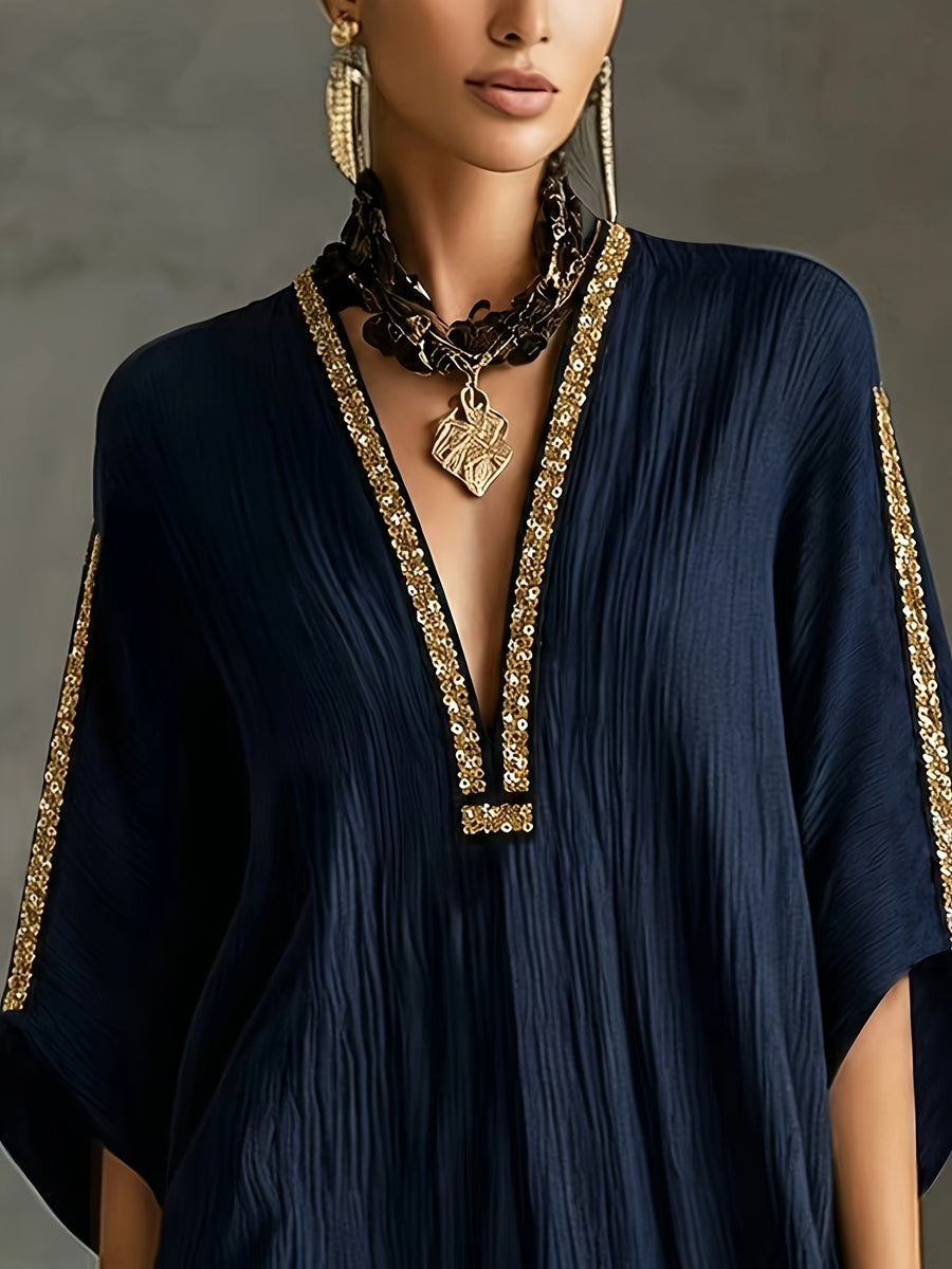 Women's Sequined Deep V-Neck Mini Dress - Navy Color