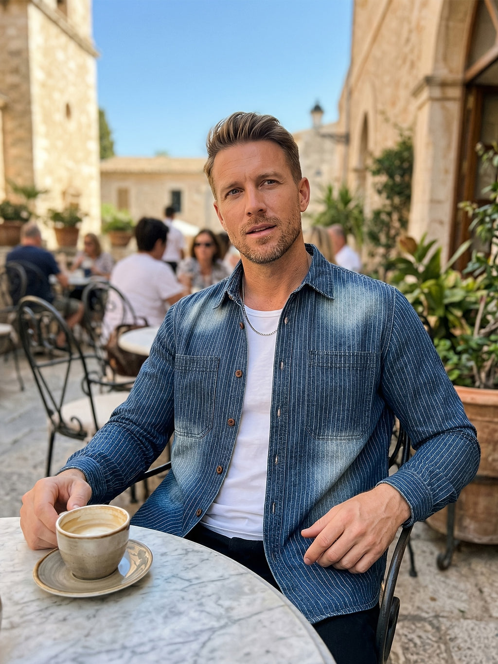 New Spring And Autumn Denim Striped Long-Sleeved Shirt for Men, American Style Workwear Button- Denim, Distressed Handmade Washed Process, Vertical Striped Retro Casual Daily Commute Outerwear Top Denim Shirt Jacket - Sea Blue