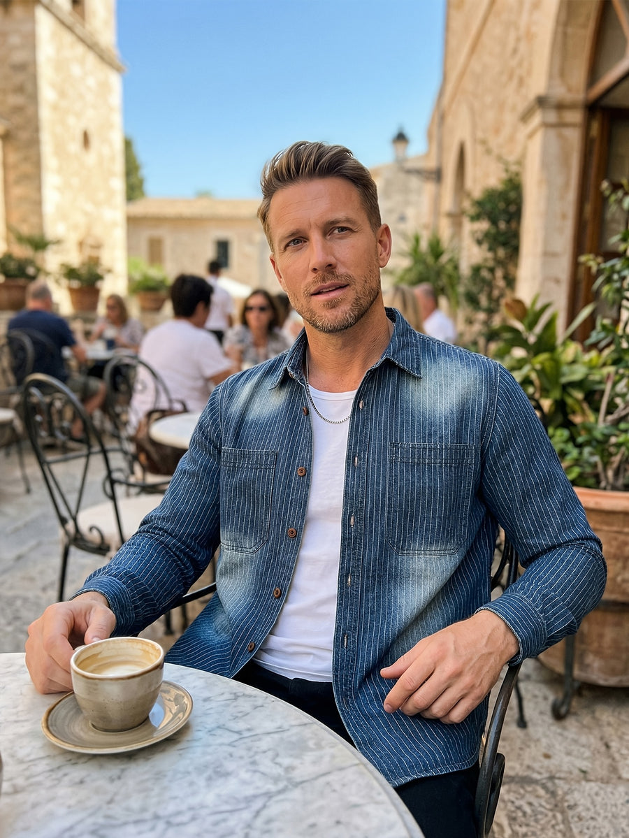 New Spring And Autumn Denim Striped Long-Sleeved Shirt for Men, American Style Workwear Button- Denim, Distressed Handmade Washed Process, Vertical Striped Retro Casual Daily Commute Outerwear Top Denim Shirt Jacket - Sea Blue