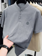 New Summer Chinese Hero Ancient Style Three-Button Access Control Short-Sleeve Men's T-Shirt, Stylish Casual Novelty Men's Top, Refreshing Quick-Drying, Durable and Skin-Friendly Apparel JC8912 - Light Grey