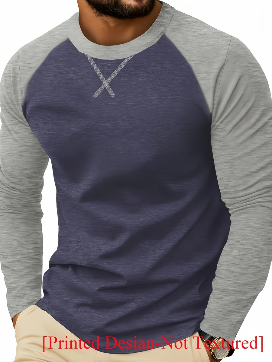 [Printed Design - Not Textured] Men's Long Sleeve Crew Neck T-Shirt, European and American Style Men's Apparel, Color Block Base Layer Top - Dark Blue With Light Gray