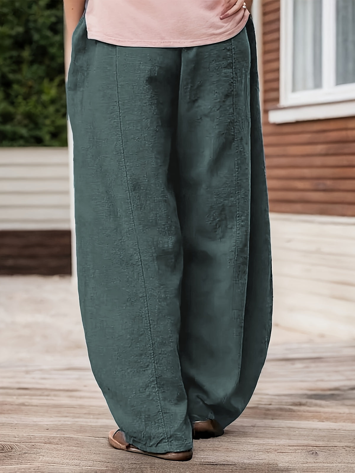 Plus Size Oversized Pocket Design Loose Straight-Leg Pants, Solid Color Minimalist Fashion Style, Suitable for Summer And Spring Wear - Dark Green