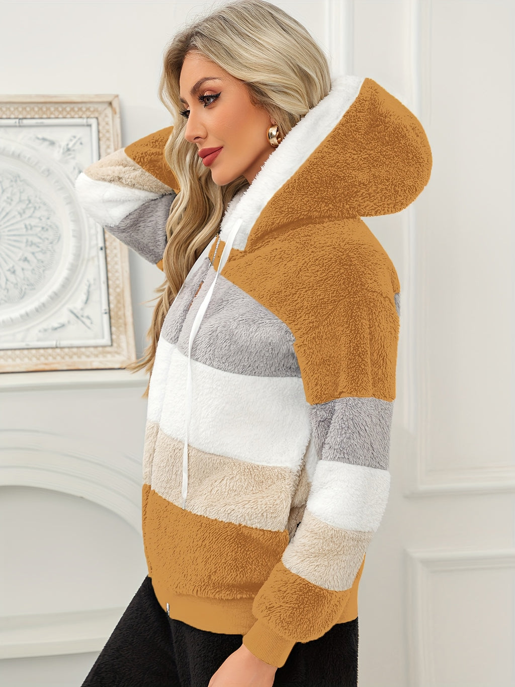 Women'S Warm Fleece Color Block Hooded Jacket Zip Up Chunky Plush Coat with Pockets Casual Loose Fit Winter Outerwear Soft Fluffy Jacket Multiple Colors Available - ginger-colored