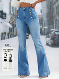 TALL Tall Size Denim Flare Jeans for Tall Women, Casual Elegant All-Match Light Blue Washed Flare Jeans, Stretch Fabric, Button-Detail, Suitable for Daily Commute And Casual Outings, 175Cm-185Cm Women'S Denim Flare Jeans - Light Blue