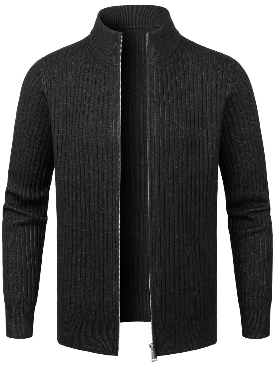 2026 Spring/Fall New Men'S Knitted Rib-Striped Zip-Up Cardigan | Stand Collar, Medium Stretch Fabric, Long Sleeve, Casual And Versatile Fit Minimalist Layering - Black Gray