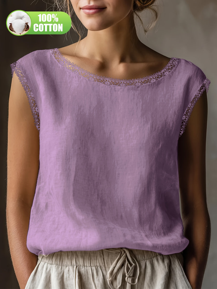 Summer Women'S Literary All- Retro Shirt 100% Top Lace Hollow Collar Loose Casual Versatile Everyday ASD1 - Purple