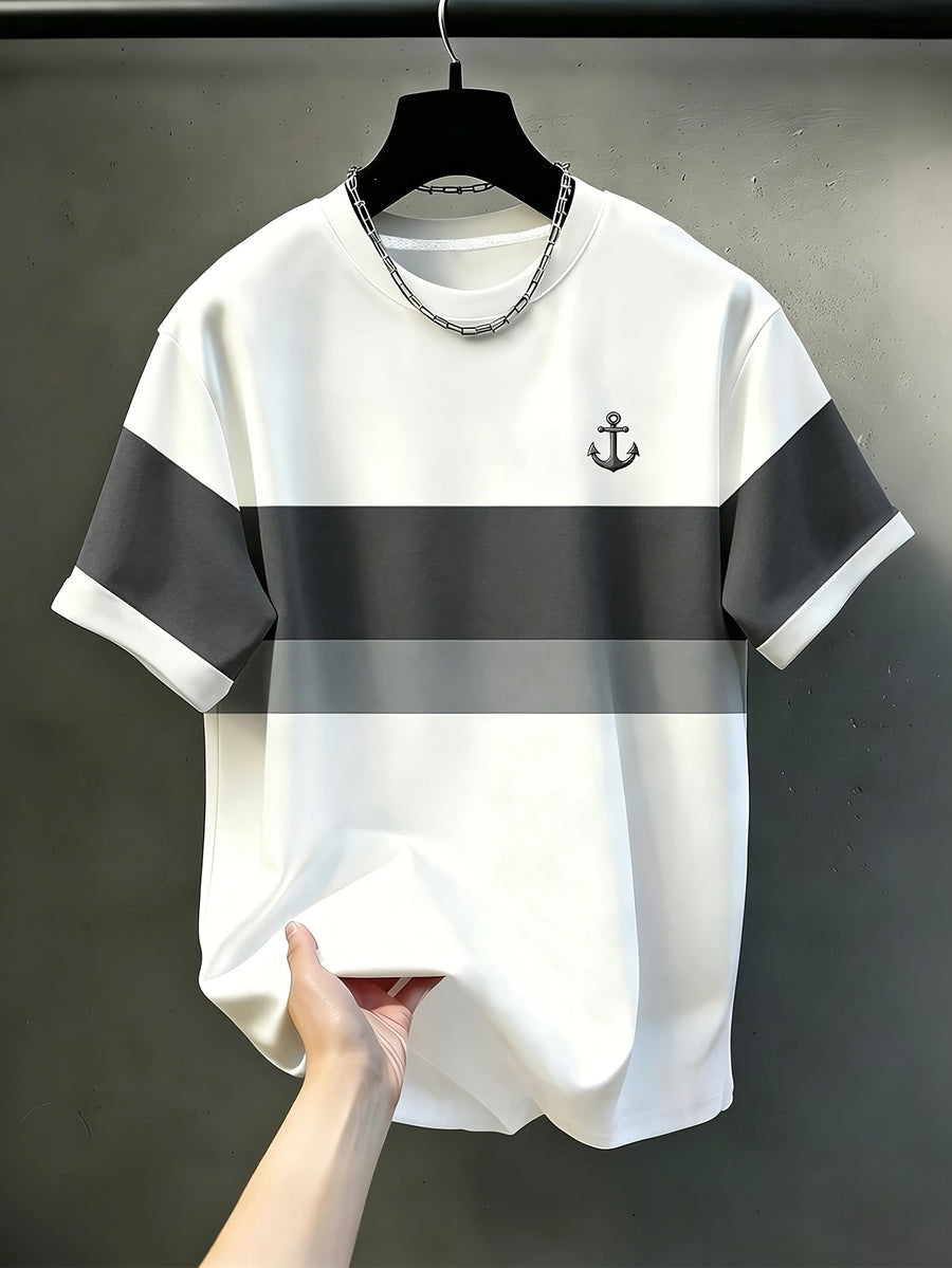 Men's Casual Crew Neck T-Shirt with Printed Color-Block Patchwork Design, Textured-Free, Draping Fashion Top, All-Season Wear, Breathable Regular Fit for Daily and Formal Outfits - Crew Neck Casual Top, Comfortable to Wear, Gift for Teens and Adults - Mixed colors