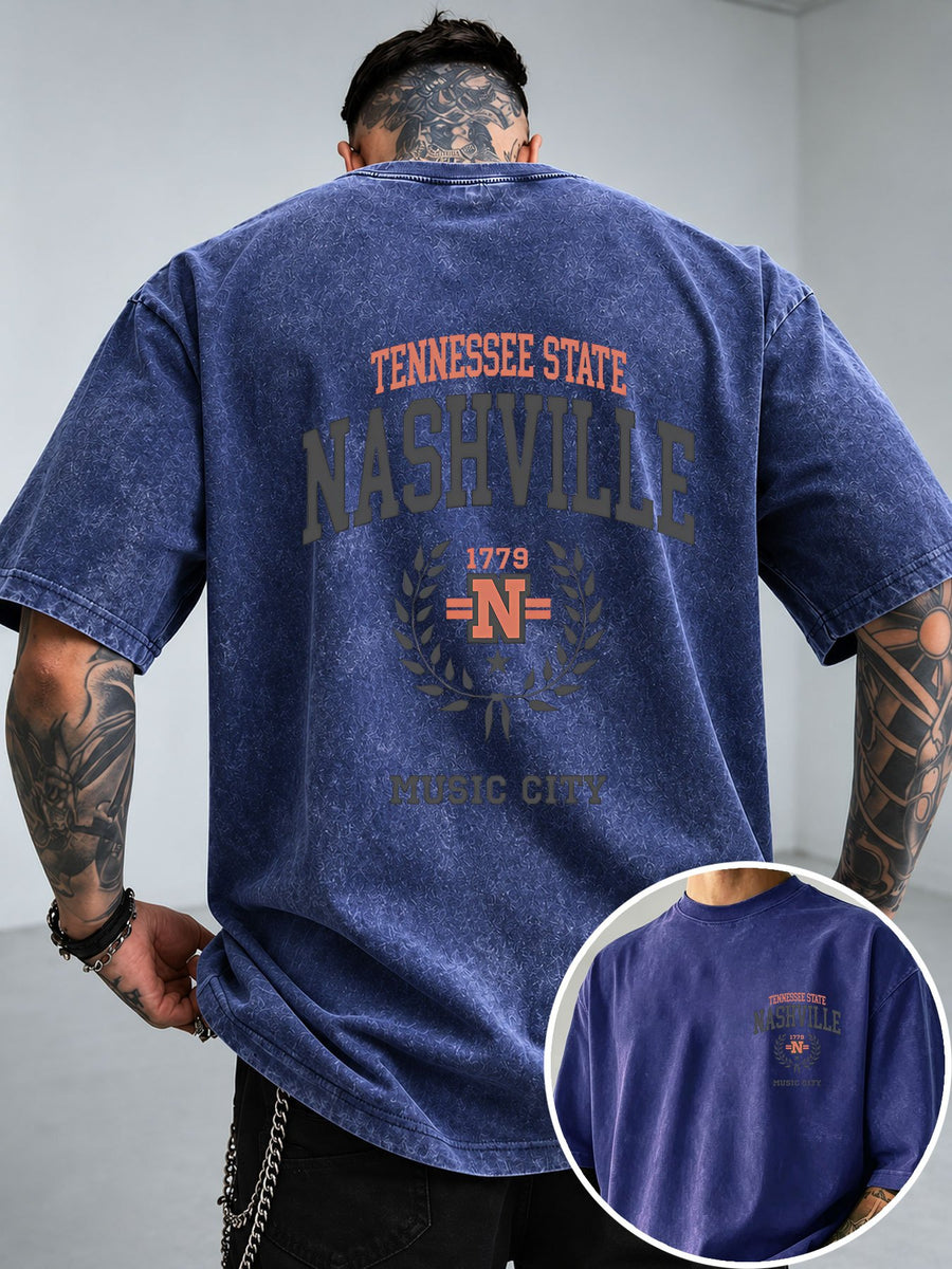 NASHVILLE Music City Text Print Men'S Vintage Washed Loose Short Sleeve T-Shirt - Blue