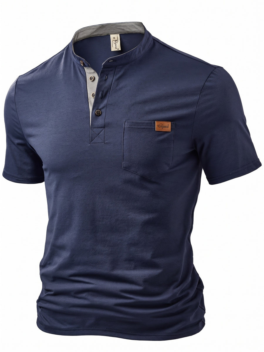 Men's Fashion Top, Spring/Summer Outdoor Casual Knitwear, Color-Block Patchwork Crew Neck Single-Breasted Chest Pocket Patchwork Short Sleeve Men's Henley Shirt - Navy blue color