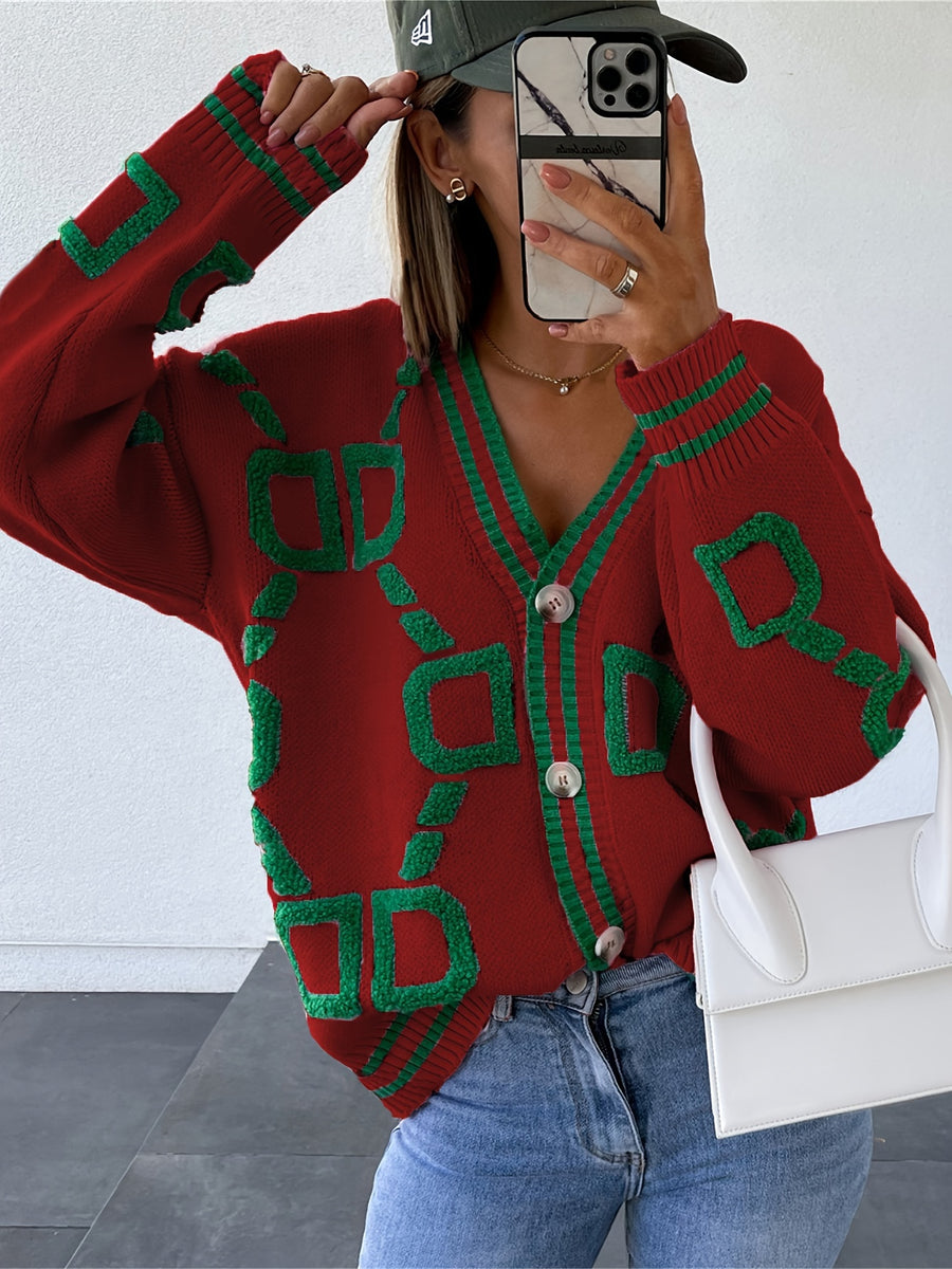 Western And American Autumn Winter New Plush Patchwork Contrast Color Sweater Cardigan Coat - Burgundy
