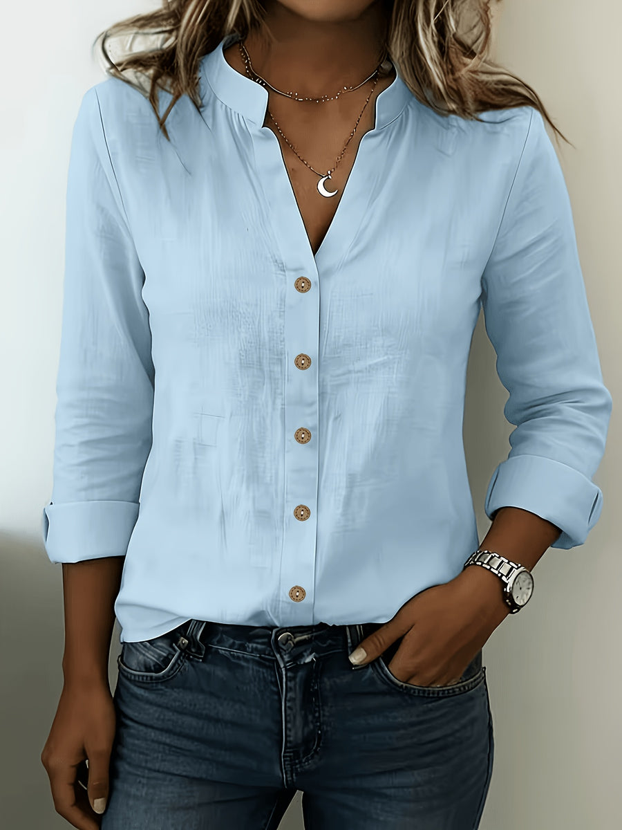 According ToFashionable V-neck Bamboo-joint Style Women's Long-sleeved Shirt - Light Blue