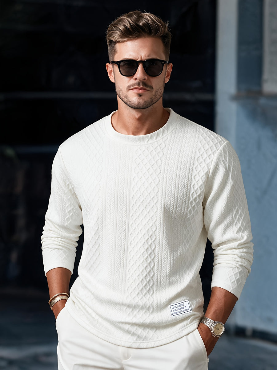 Josh Mei's Selection: Henley Collar Shirt, 2026 Autumn/Winter European and American Style Men's Casual Jacquard Crew Neck Long Sleeve Pullover Sweater Short Sleeve - White