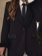 Elegant Women's Suit Jacket with Raw Hem Cuffs and Single Button, Notched Lapel Long Sleeve Loose Fit Blazer, Outerwear for Casual Parties, Festivals, and Commuting - Black