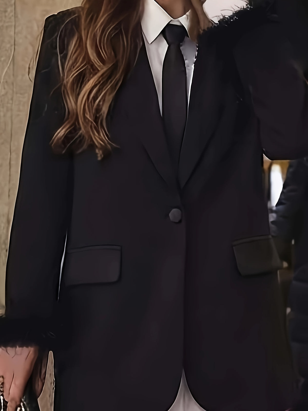 Elegant Women's Suit Jacket with Raw Hem Cuffs and Single Button, Notched Lapel Long Sleeve Loose Fit Blazer, Outerwear for Casual Parties, Festivals, and Commuting - Black