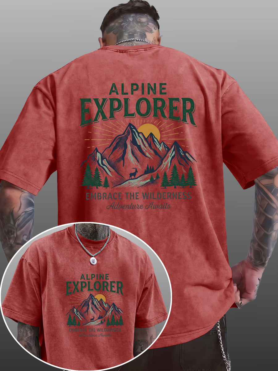 Short Sleeve T-Shirt Men'S Pure Loose Washed Distressed Top Mountain Adventure Forest Sunset Pattern Trendy Reversible Double-Sided Print Multicolor Casual American Street High Street Hip-Hop Style Daily Outing Commute Fitness Couple Style Y2K Natio - Burgundy