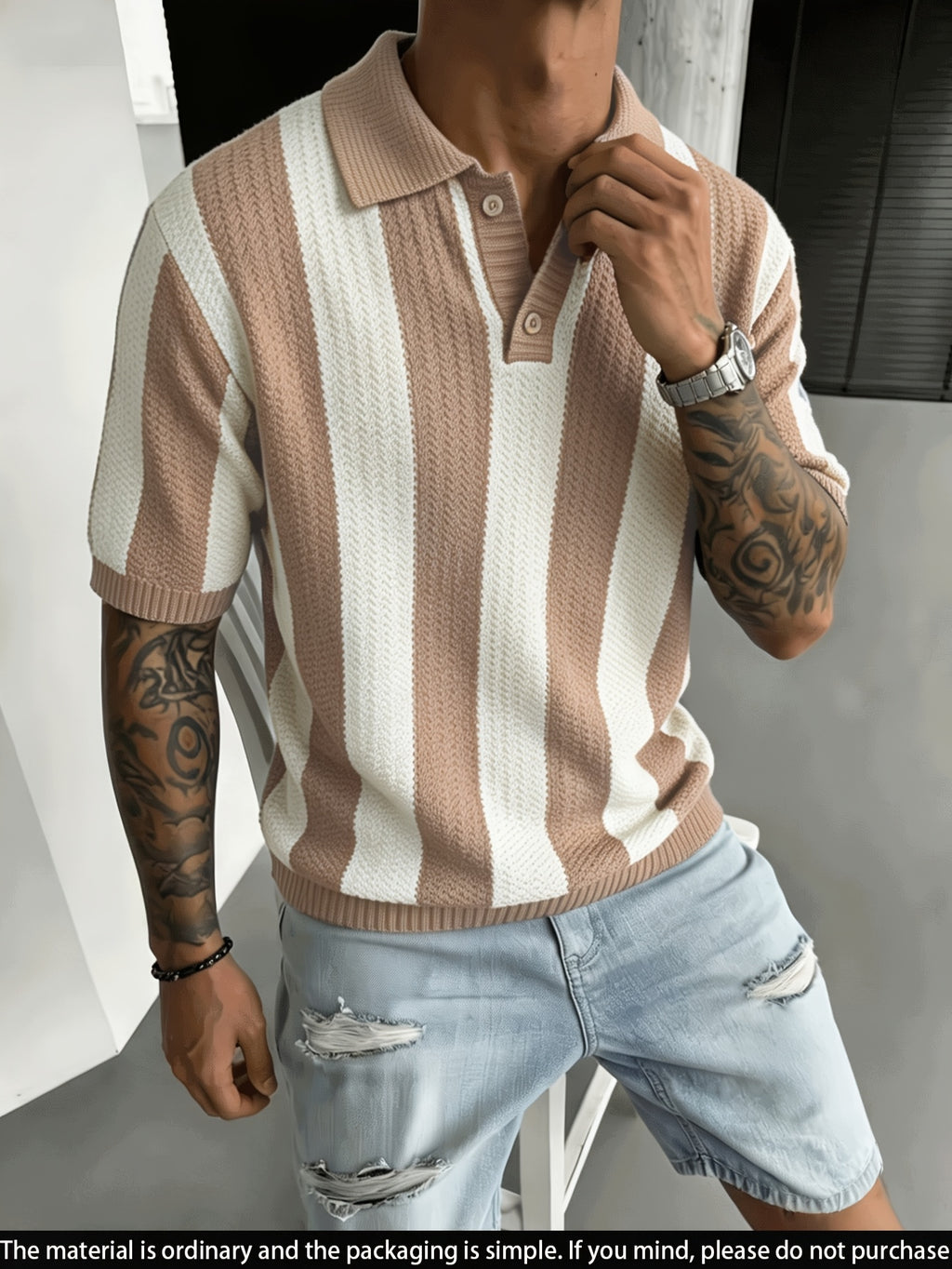 Men'S Knit Short Sleeve Color-Block Pinstripe Polo Collar Casual Loose Business Commute Knit Pullover Top - Apricot