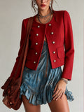 Red High-End Women's Blazer, Elegant and Stylish, Classic Elegant Style, French-Style Regular Blazer, Elegant, Long Sleeve, Double-Breasted with Pearl Buttons, Round Neck, Tie, Lined Jacket - Red