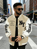 Vintage NY Letter Baseball Jacket, Men's American Casual Jacket - Khaki