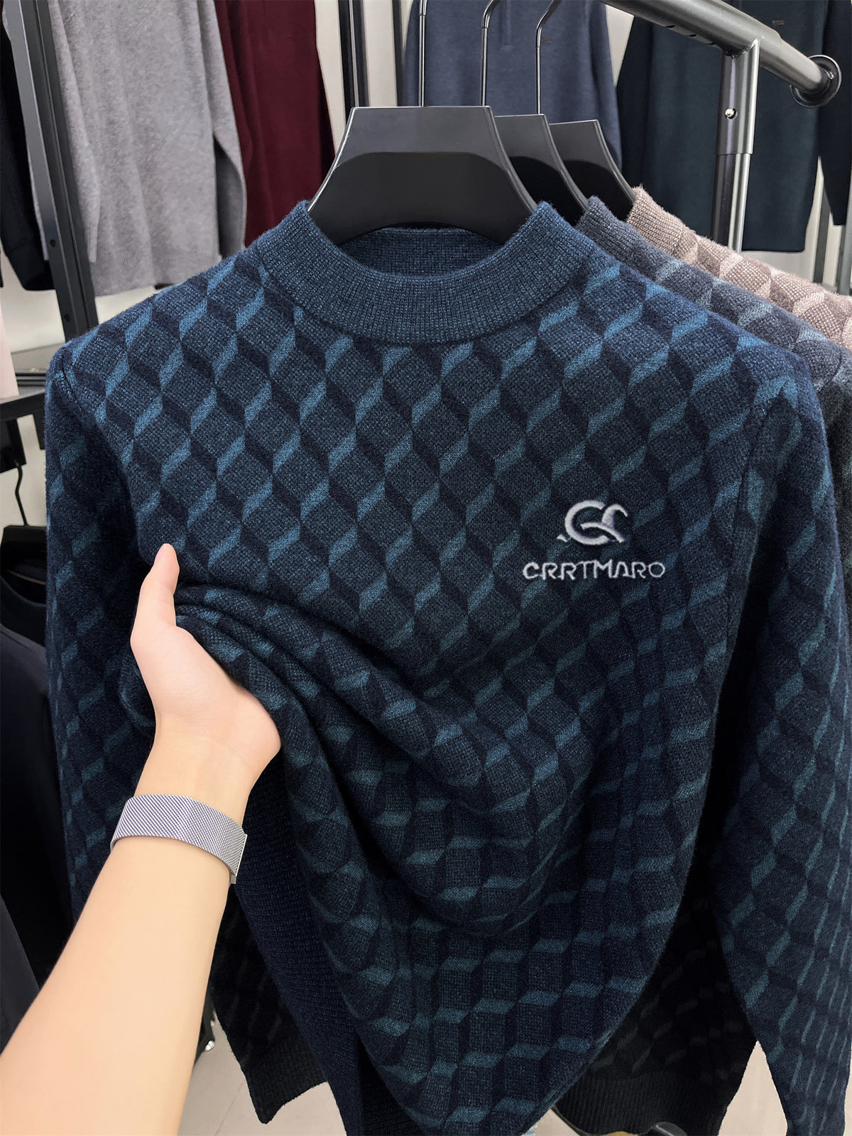 ZBZP Autumn Winter Knit 3D Solid Mid-High Neck Sweater, Basic Knit Pullover Top for Men, Fashion Long Sleeve Sweater QSDS - Blue
