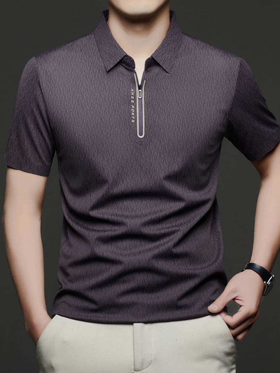 Spring/Summer Lapel Polo Shirt, Casual T-Shirt for Young and Middle-Aged, Outdoor Outings, Office Commuting, Outdoor Recreation, Urban Lapel Short-Sleeve Fashion Style, Casual Outing Top, Breathable Design, Solid Color, Casual Half-Sleeve - Purple