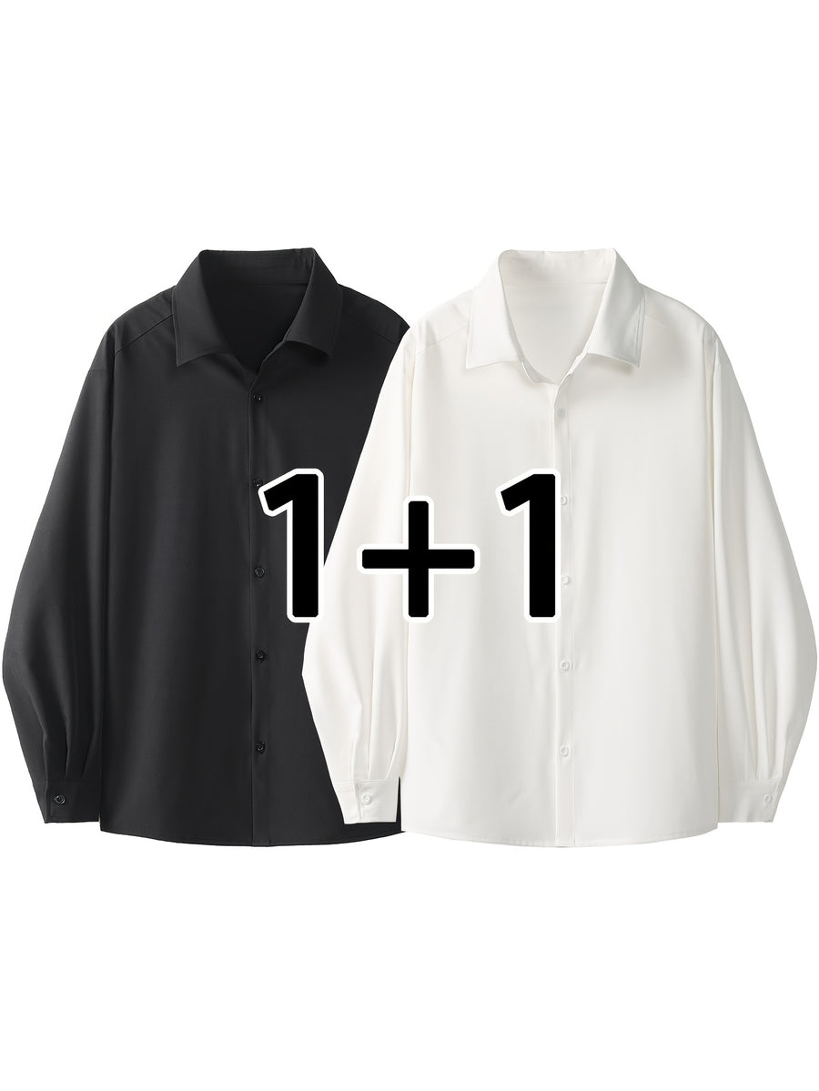 2pcs Set: Men's Casual Loose-Fitting Long-Sleeve Shirt with a Draping Effect, Black Premium Feel Versatile Top, Men's White Shirt Base Layer, Two-Shirt Set - Light White+Black Color