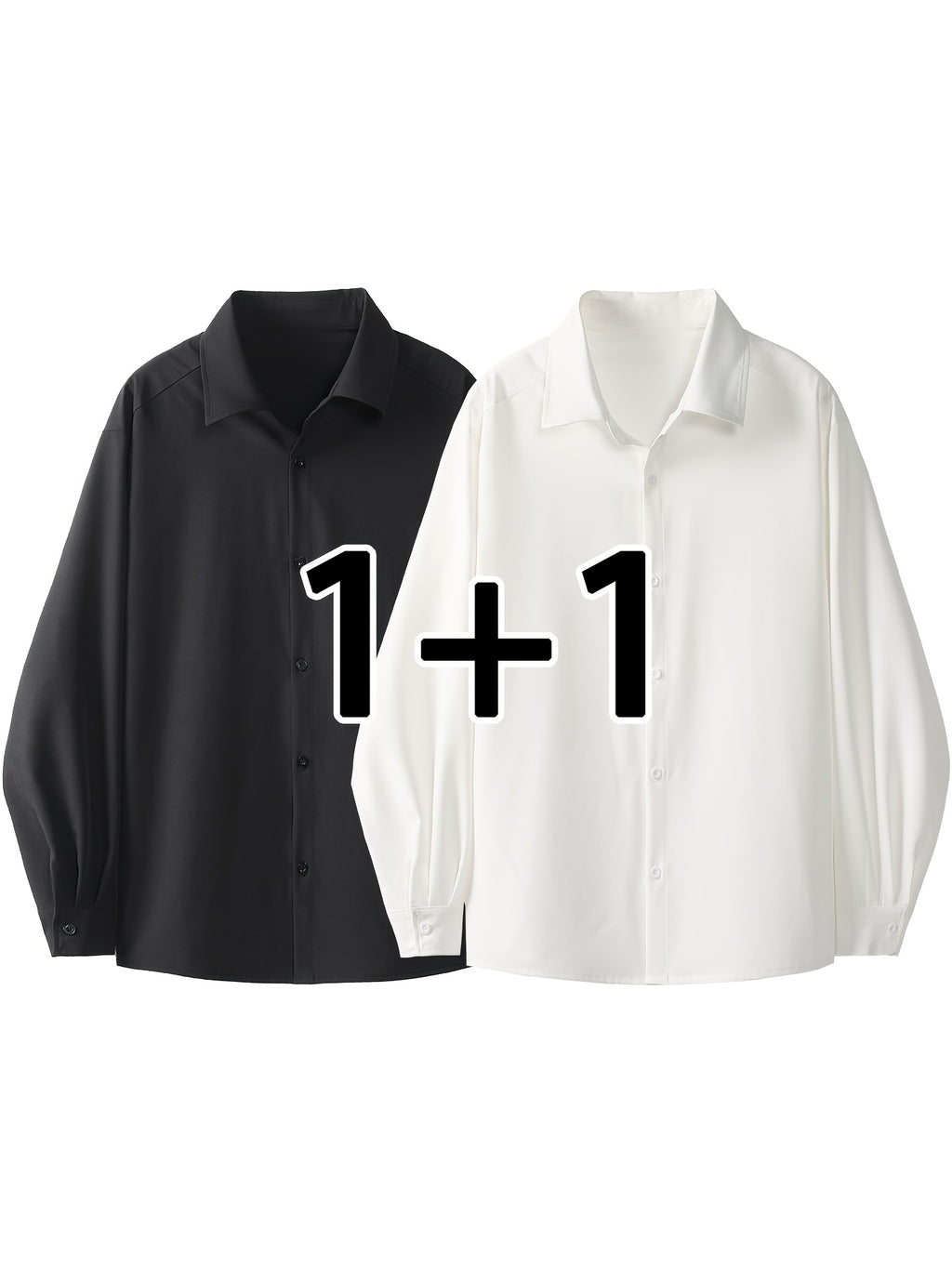 2pcs Set: Men's Casual Loose-Fitting Long-Sleeve Shirt with a Draping Effect, Black Premium Feel Versatile Top, Men's White Shirt Base Layer, Two-Shirt Set - Light White+Black Color