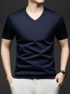 Men'S Casual Sportswear Sweater, Knitwear Summer New Men'S Casual V-Neck Pullover Short-Sleeved T-Shirt Middle-Aged Solid Color Knit T-Shirt Half-Sleeve Top - Navy Color
