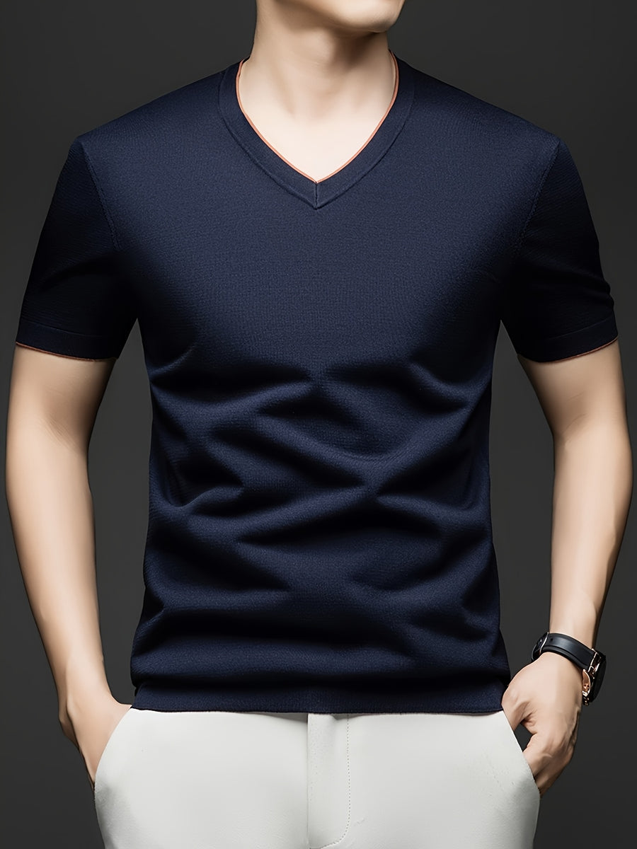 Men'S Casual Sportswear Sweater, Knitwear Summer New Men'S Casual V-Neck Pullover Short-Sleeved T-Shirt Middle-Aged Solid Color Knit T-Shirt Half-Sleeve Top - Navy Color