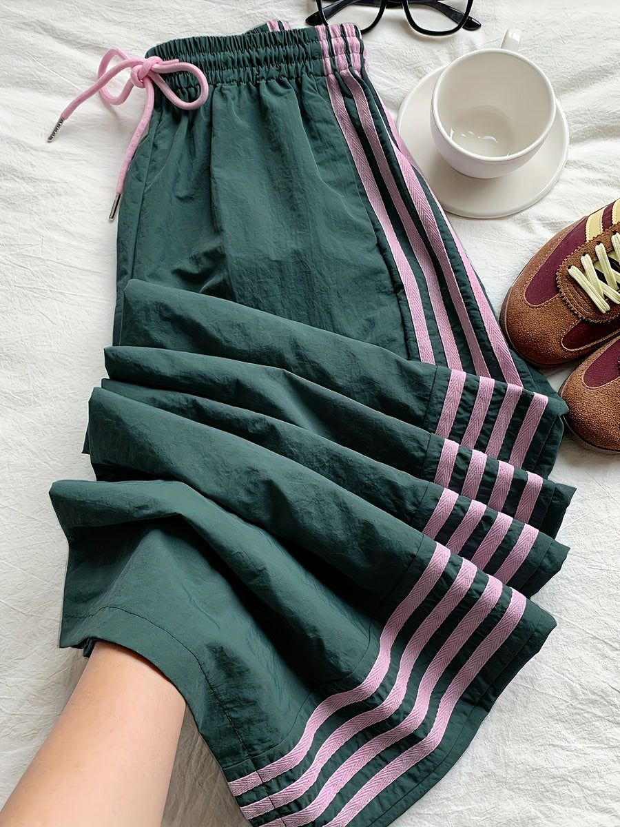Reading Week Apparel, Back-to- Season, One Pair of 2026 Spring/Summer New Style Casual Sporty Fashionable Comfortable and Beautiful Women's Long Pants with Contrast Color and Drawstring Waist, Suitable as a Holiday Gift for Women's Clothing - Dark Green