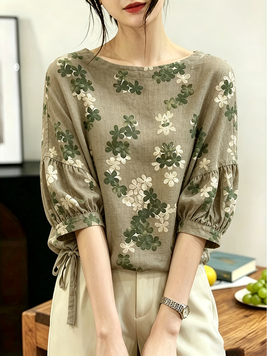 Vintage Forest-Style Floral and Botanical Print Blouse with Crew Neck, Lantern Sleeves, Side Drawstrings, Loose Fit, Effect, Five-Quarter Sleeves for Casual Outings - Khaki