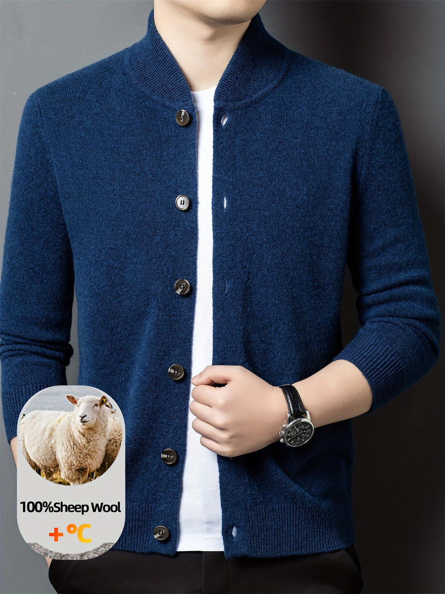 Xingfan OBM 2025 Autumn/Winter Men's 100% Wool Stand Collar Knit Cardigan, Crafted from Premium Pure Wool. Featuring a Simple yet Elegant Stand-up Collar and Single-breasted Button Design for Strong Warmth Retention. The Standard Fit Is Suitable - Blue