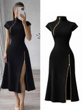 Elegant Women'S Black Golden Zipper Detail Slim Mid-Length Dress, Date Night, Romantic Evening, Holiday Attire, Party, Date, Elegant Party Wear, Elegant Refined Chic Dress - Black