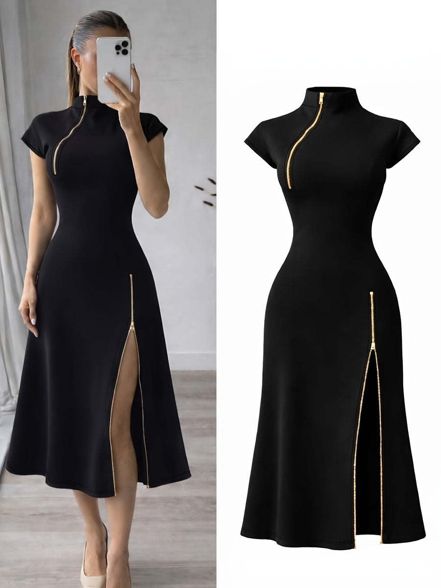 Elegant Women'S Black Golden Zipper Detail Slim Mid-Length Dress, Date Night, Romantic Evening, Holiday Attire, Party, Date, Elegant Party Wear, Elegant Refined Chic Dress - Black