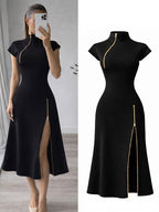 Elegant Women'S Black Golden Zipper Detail Slim Mid-Length Dress, Date Night, Romantic Evening, Holiday Attire, Party, Date, Elegant Party Wear, Elegant Refined Chic Dress - Black