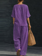 Women's Summer Casual 2pcs Set: Loose V-Neck Top + Wide-Leg Pants - Purple