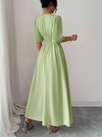 Women's Solid Color Elegant Dress, New Summer V-Neck A-Line Flowing Dress for Casual to Formal Wear, Machine Washable - Green