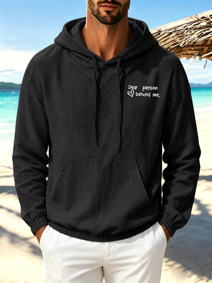 Men'S Autumn New Linen Print Hooded Drawstring Thin Loose Pocket Sweatshirt Comfortable Daily Commute Sports Fitness Casual Vacation Street Trendy Classic Style Literary Long Sleeve Hooded Top - Black