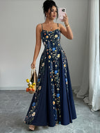 Elegant Floral Print Maxi Dress | French Romantic Spaghetti Strap, Flared Hem, Sleeveless, Backless Detail, Ideal for Spring/Summer - Navy Color