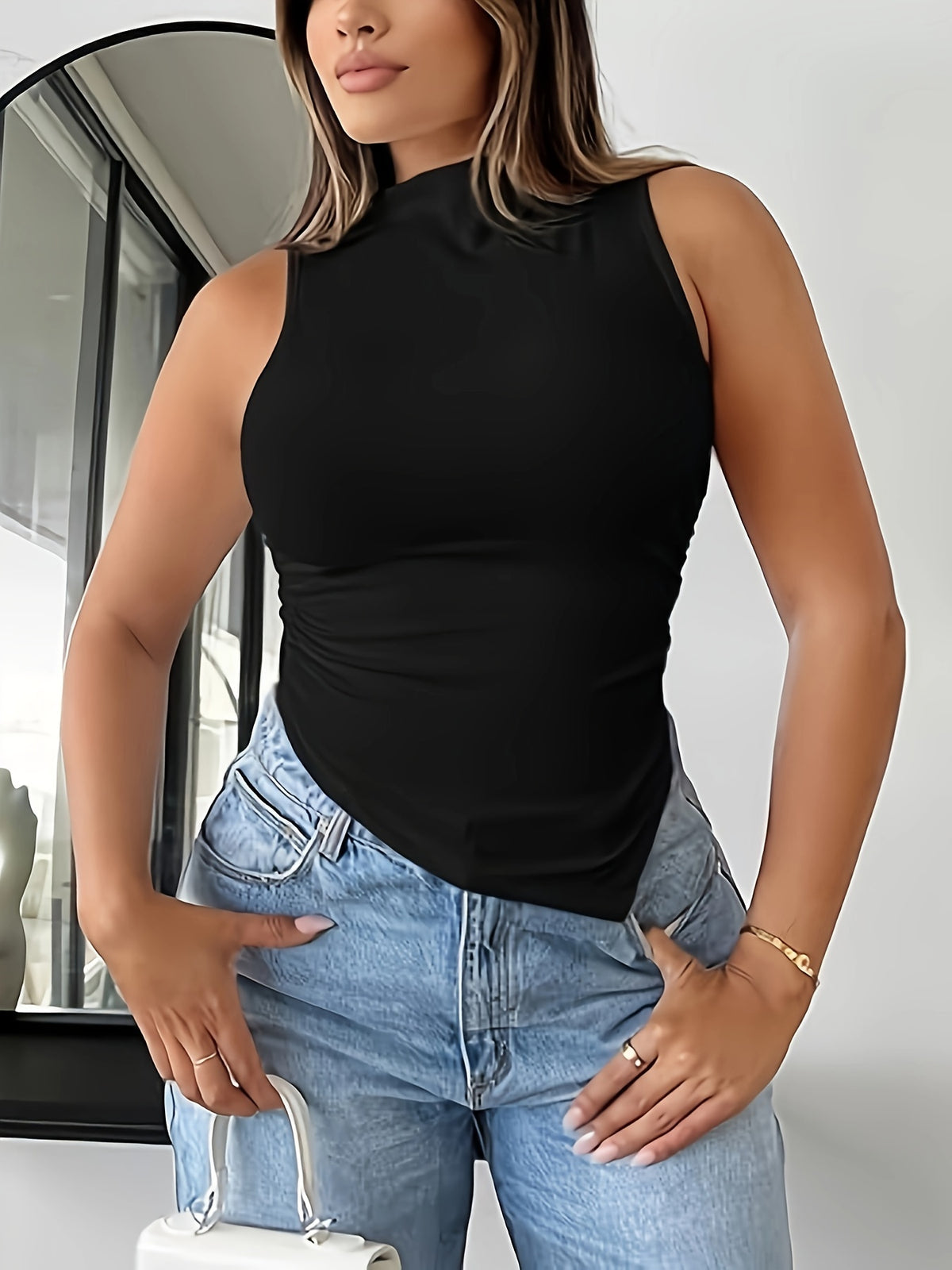 Fashionable Casual Vest with Slanted Hemline, Semi-high Neck, and Pleated Design for a Sexy and Elegant Top - Black