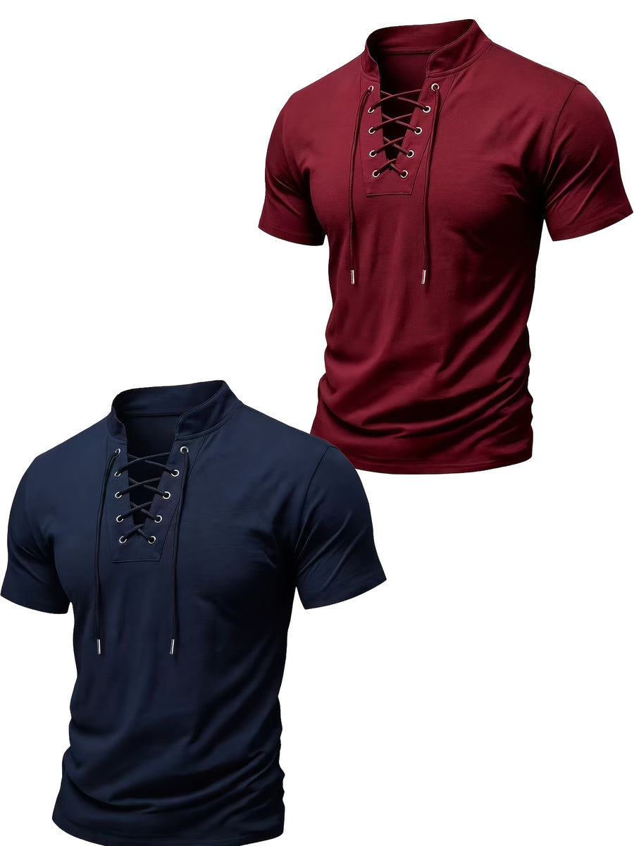 2026 New Men'S Casual Small Lapel Solid Color Short Sleeve, 2pcs Set - Wine Red And Navy Blue