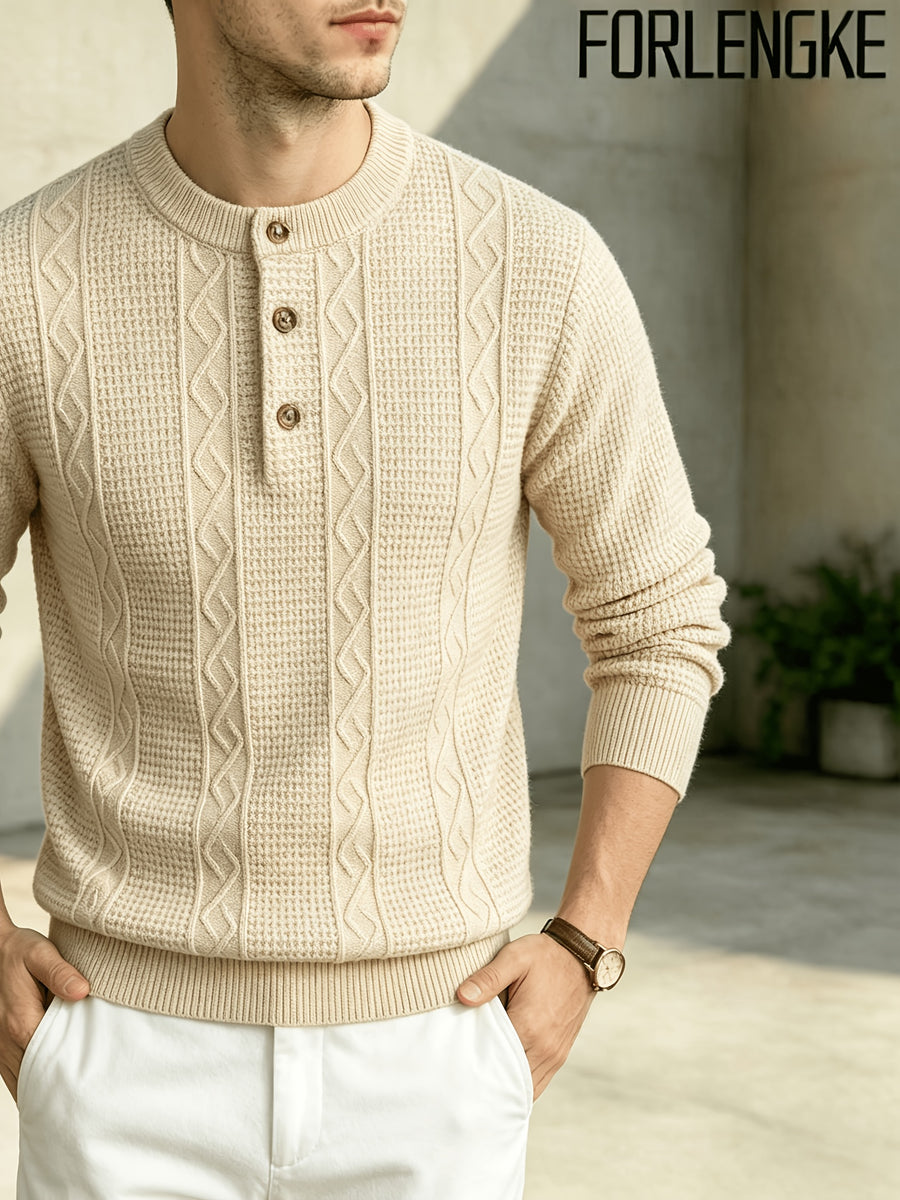 FORLENGKE Men Business Casual Henley Collar Cable Knit Sweater, Soft Warm Long Sleeve Pullover Tops for Autumn Winter Office Daily Wear - Flower Yellow