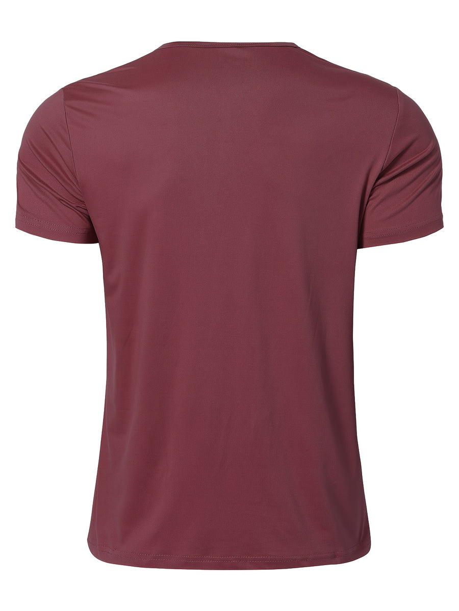 Men's Quick-Dry Moisture-Wicking Henley Shirt - Lightweight Breathable Stretch V-Neck Button-Front Collar T-Shirt Suitable for Gym, Outdoor, & Casual Wear, Solid Color Short Sleeve for Daily Activities & Summer Training (Machine Washable) - Burgundy