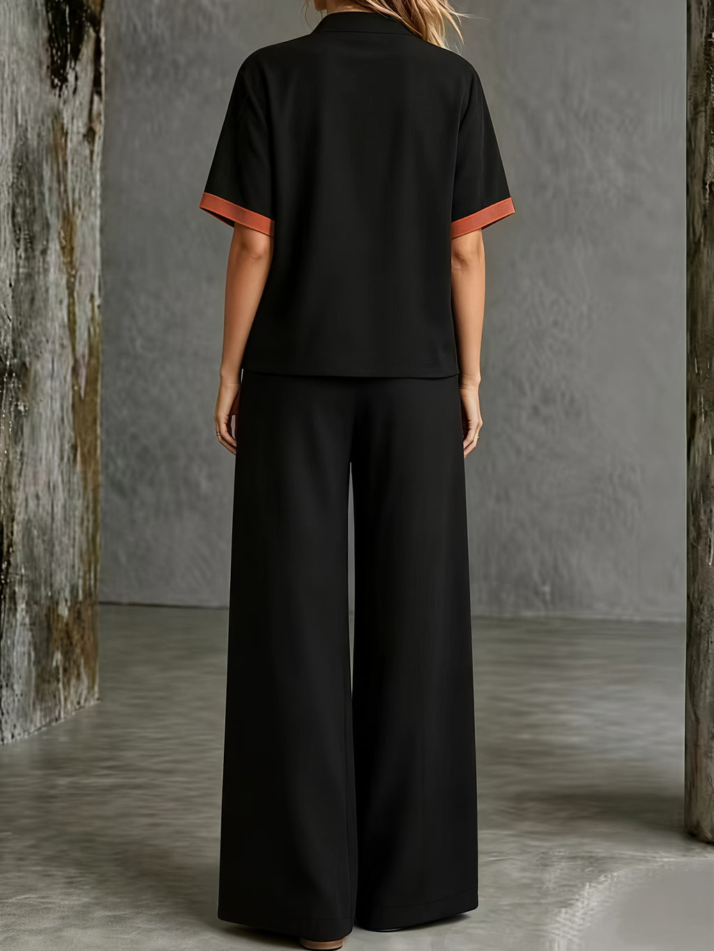 2026 Black, Yellow, and Orange Color Block Patchwork Set: Short Sleeve V-Neck Top + Wide-Leg Long Pants, Summer Vintage Casual 2pcs Set - Black