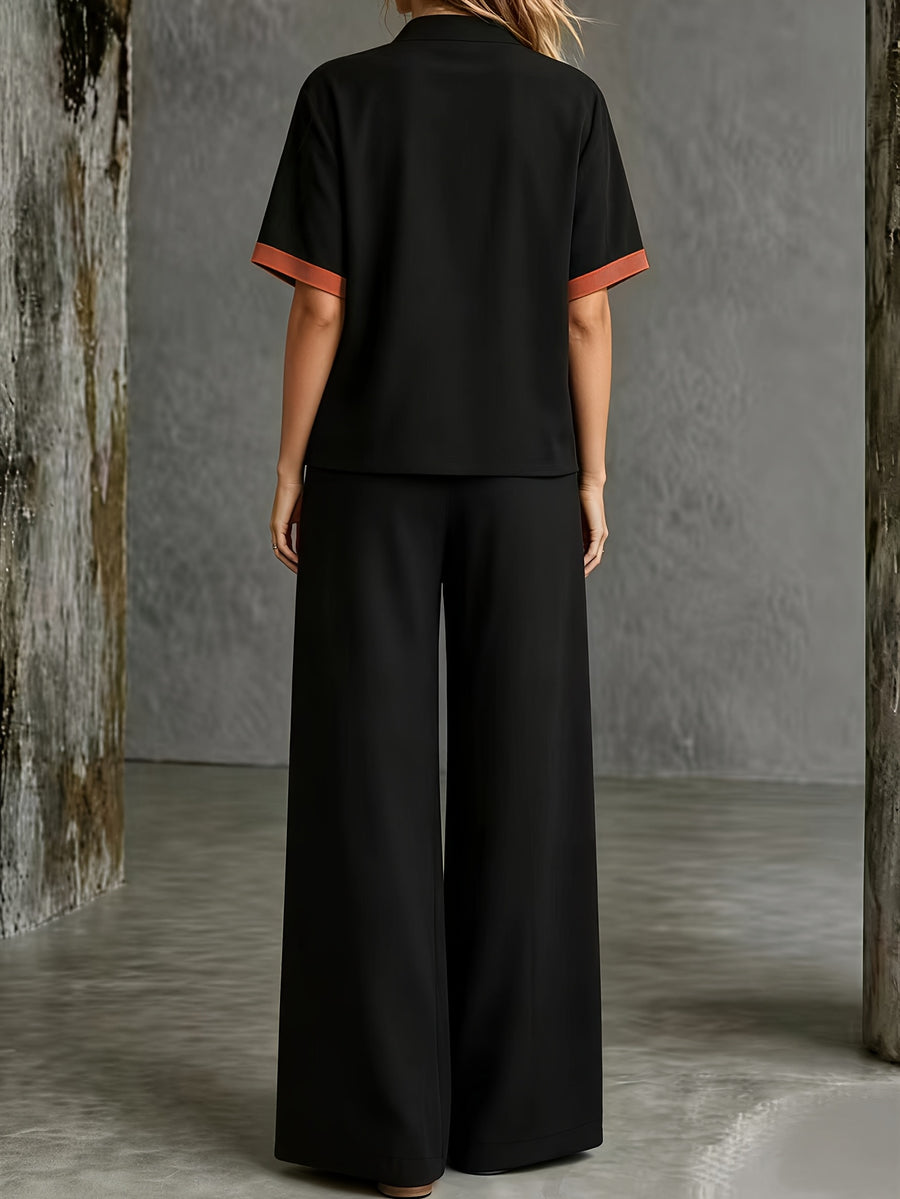 2026 Black, Yellow, and Orange Color Block Patchwork Set: Short Sleeve V-Neck Top + Wide-Leg Long Pants, Summer Vintage Casual 2pcs Set - Black