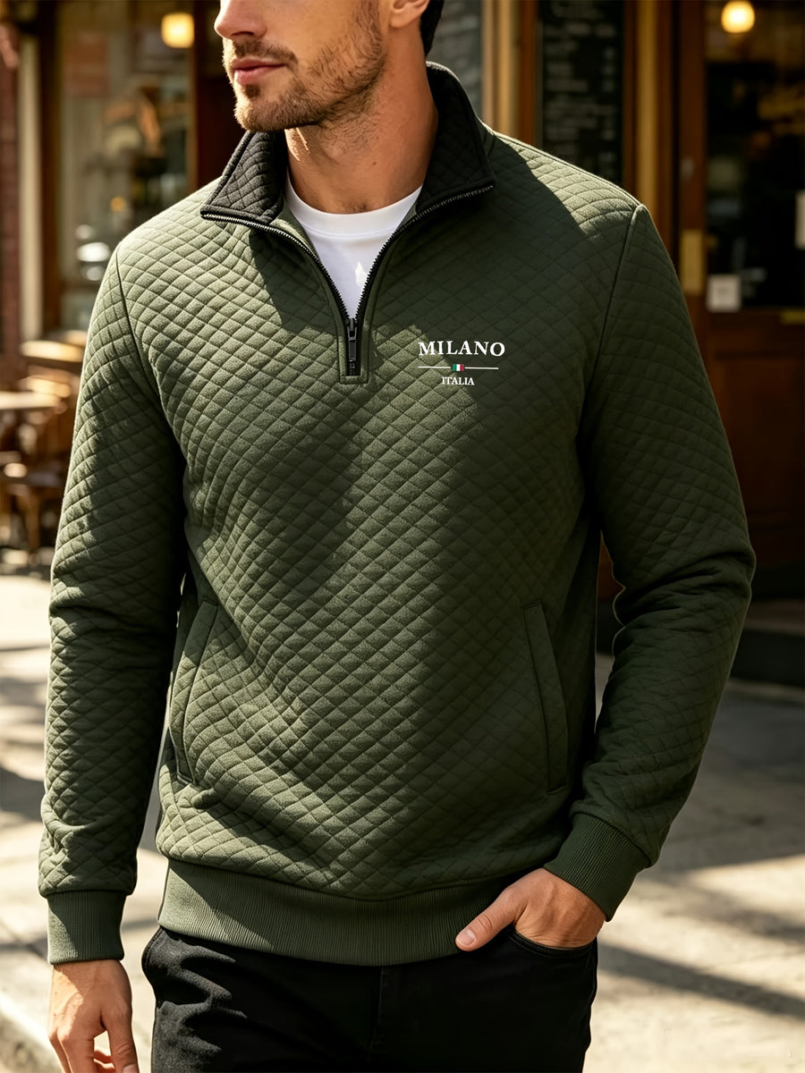 BOWZ Men's Lapel Sweatshirt, Autumn/Winter Men's Half-Zip Polo Sweatshirt, American-Style Henry Shirt Color-Block Sweatshirt, Trendy and Versatile, Warm and Breathable, with Zipper and Pocket Design, Suitable for Outdoor Sports and Casual Home Wear - Olive Green