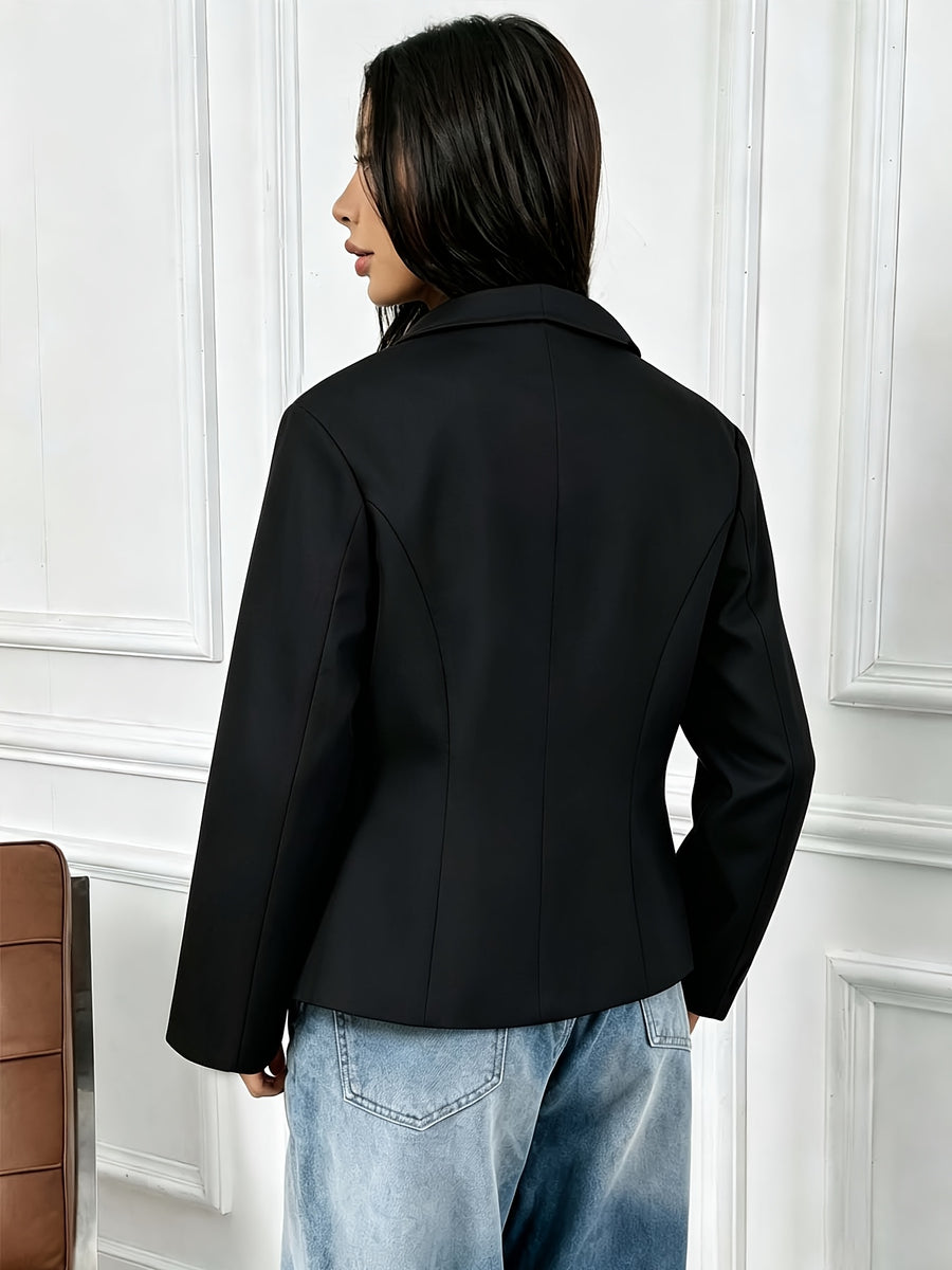 Autumn Winter New European Style Premium Asymmetrical Lapel Diagonal Zipper Short Jacket Solid Color Long Sleeve Top - Black