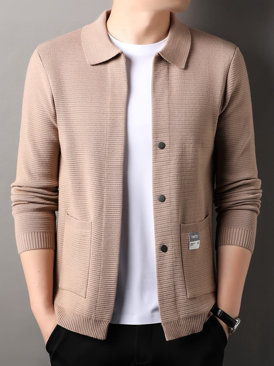 [Whale-Crossing Lan OBM] 1pc Autumn/Winter New Men'S Knit Cardigan, Old Money Style Solid Color Lapel Pocket Button-Front Single-Breasted Cardigan Men'S Business Casual Fashion Button-Front Knit Top, Suitable for Spring, Autumn, Winter Outerwear - Camel