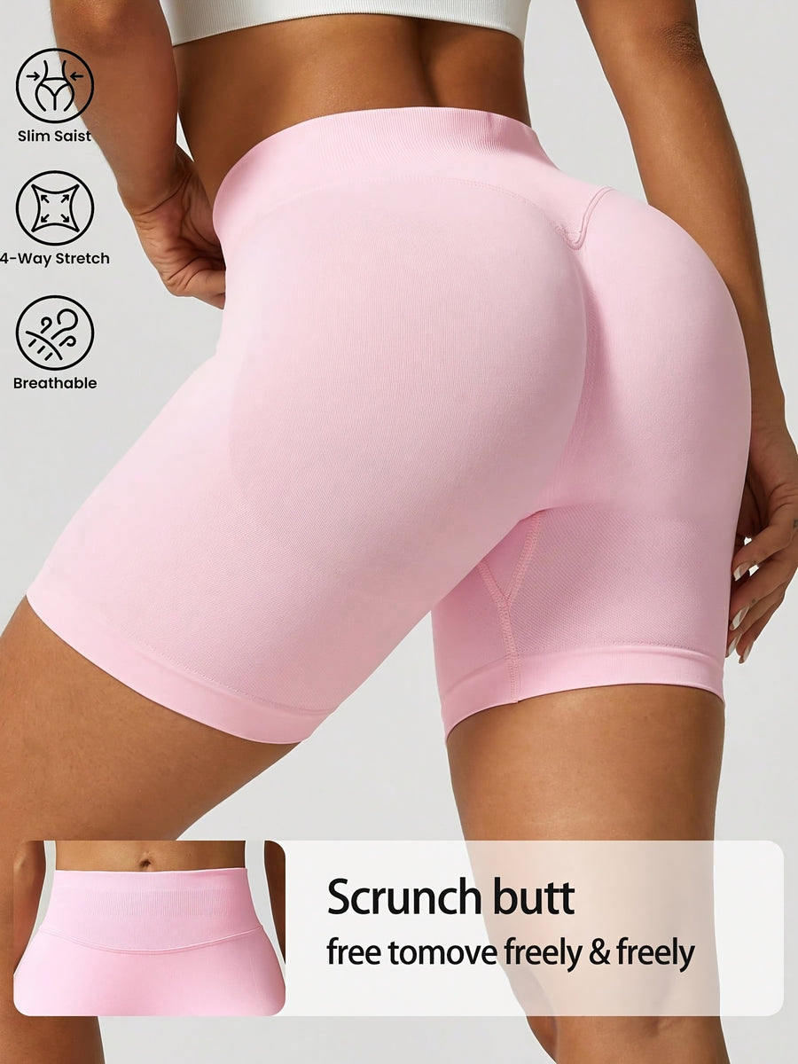 Contouring Workout Shorts, Stretchy Fitted Design, with Waist Shaping Elastic And Wrinkle Accent, Comfortable Elastic Waistband with -Lifting Wrinkles, Creating a Contouring Look, Elastic Waistband with Wrinkle Detail for -Lifting Effect - Pink Color