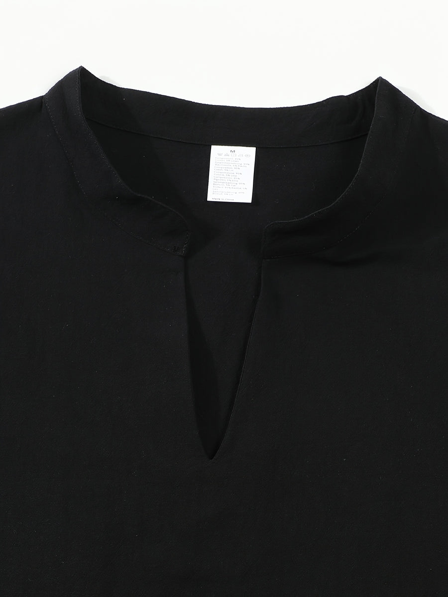 Men'S Stand Collar Short V-Neck Top, Lightweight Comfortable Solid Color Casual Shirt, Commute Easy Single Piece T-Shirt - Black